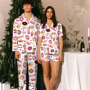 Coffee & Donut Lover Satin Pajama Set – Cute Sweet Treat Sleepwear for Women – Iced Coffee Themed PJs – Comfy Silky Loungewear Gift for Foodies & Cozy Nights