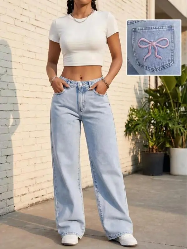 Women'S Fashionable Stretch Straight-Leg Jeans, Loose And Comfortable Fit, Classic Snowflake Wash Jeans, Suitable All