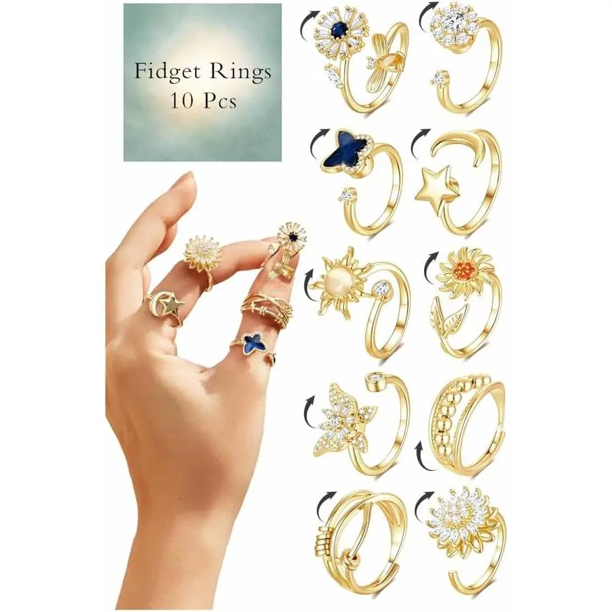 10Pcs Fidget Anxiety Rings for Women Adjustable Spinner Ring Gifts for People With Anxiety Moon Sun Butterfly Galaxy Daisy Flower CZ Stress Relief Calm Rings Jewelry 14K Gold/Silver/Rose Gold Plated