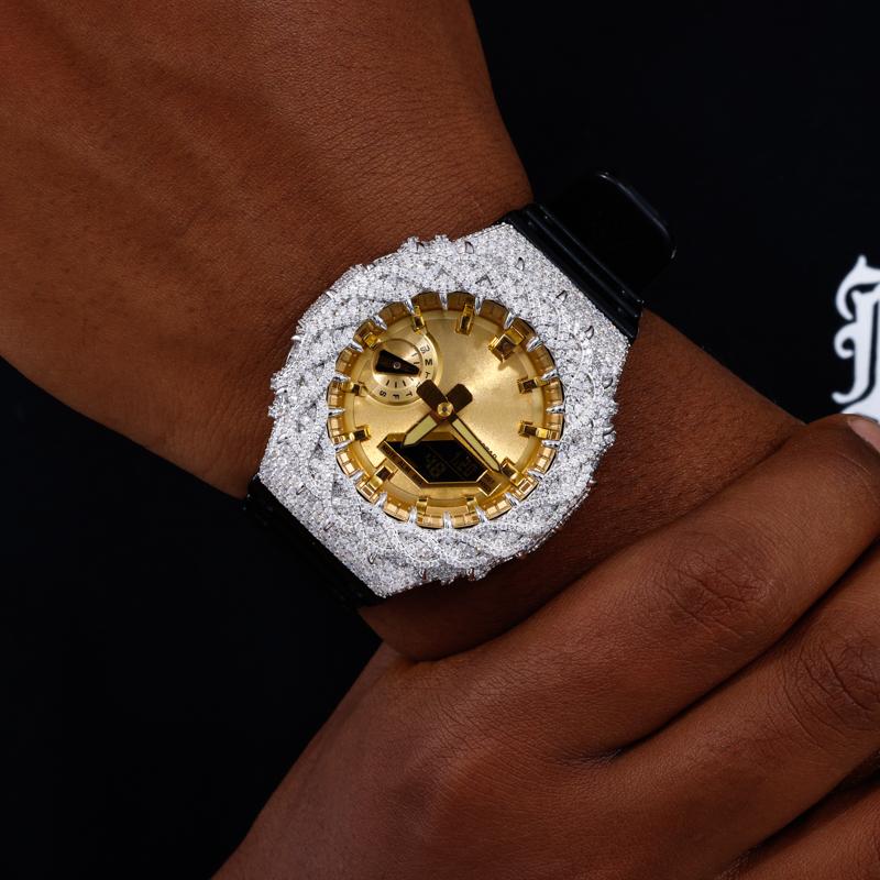 【CMW05】UCCIYO Compatible - GA2100 Universal Bezel 18K Gold-Plated Lab-Grown Moissanite Ice Out Copper Moissanite Watch Case Crystal-Set Watch Case Unisex Hip-Hop Style Jewelry Gift