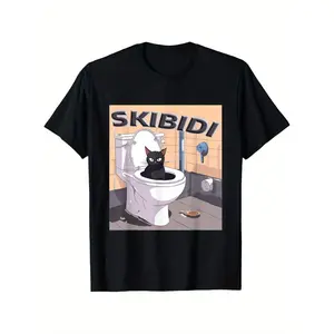 Men's Funny Skibidi Toilet Cat Meme T-Shirt - Humorous Bathroom Graphic Tee with Toilet Seat Cat Design, Heavyweight 180gsm Cotton Shirt for Parties, Gifts & Casual Attire (Sizes S-XXXL) - Perfect for Internet Meme Lovers, Casual Outfit