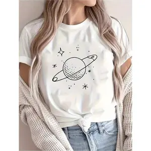 Minimalist Saturn Star Oversized T-Shirt, Unisex Casual Space Graphic Tee, Vintage Streetwear