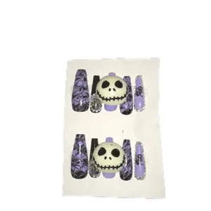 Halloween Jack Skellington Press-On Nails - Black Design with Purple Accents, Includes Skull and Skull Face, Suitable for Halloween Themes