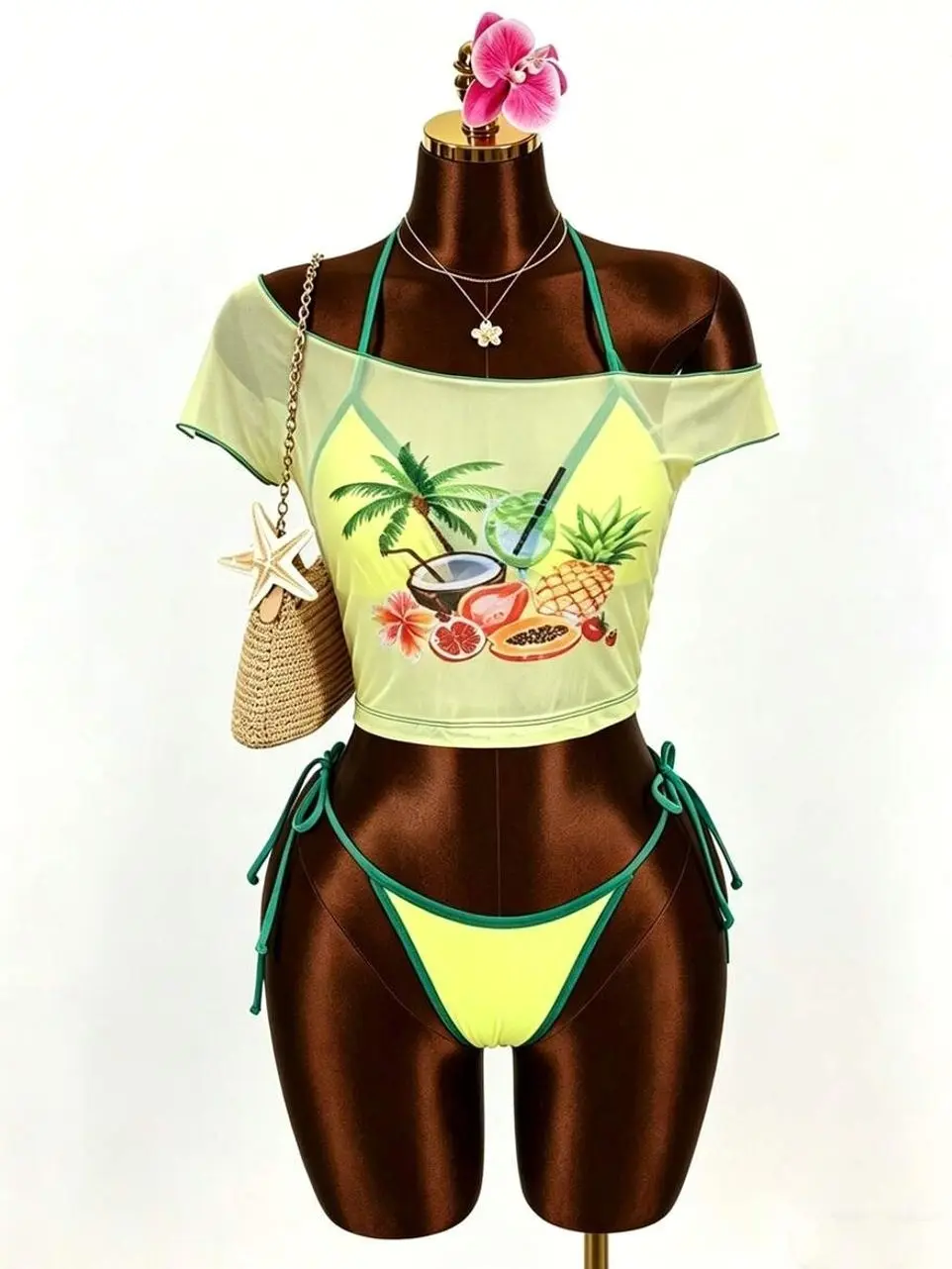 3-Piece Mesh Floral Tankini Set, Spaghetti Strap Bikini Swimwear with Cover Up for Beach Vacation
