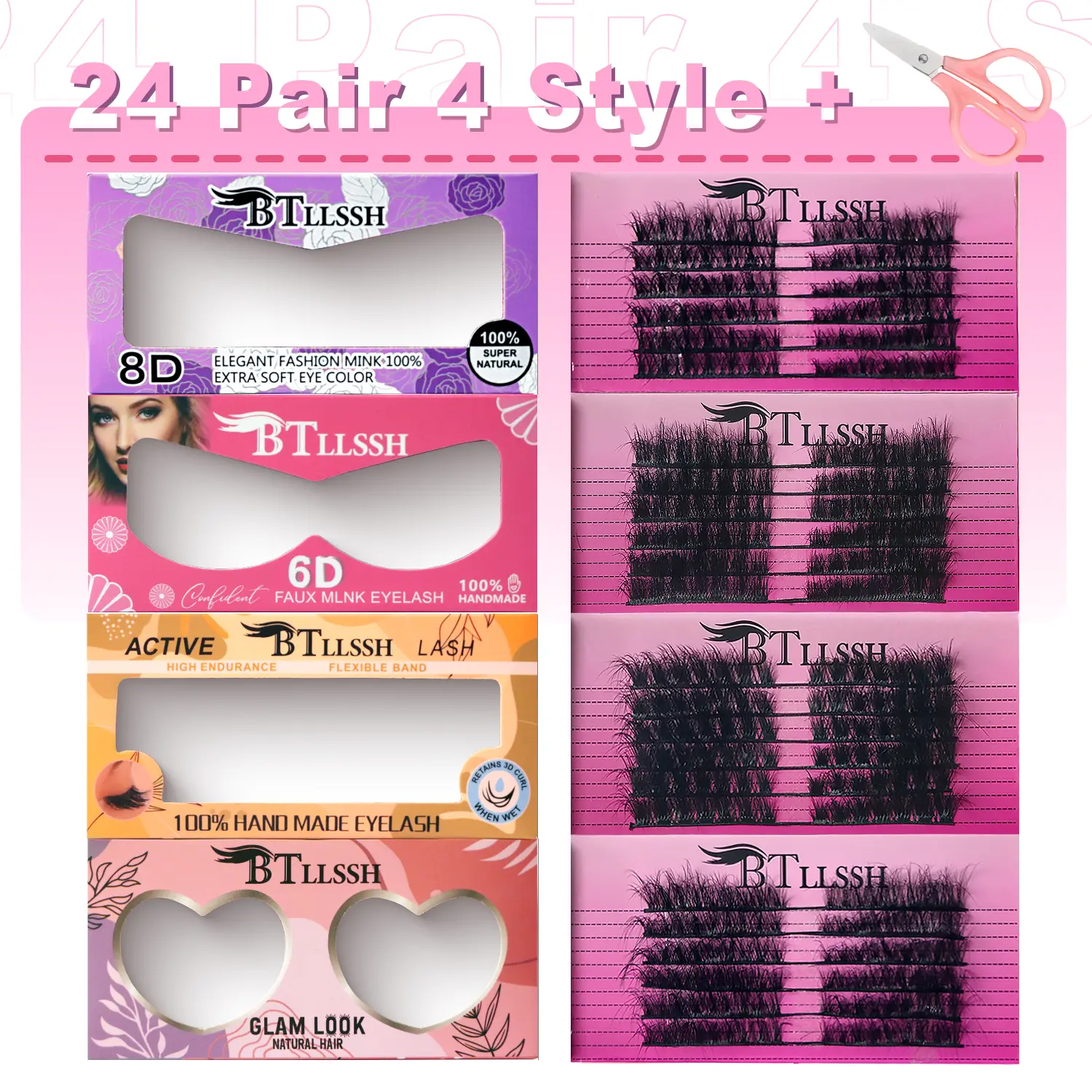 BTLLSSH  24 Pack 4 Style False Eyelashes 0.59INCH Thick False Eyelashes Natural Look Faux Mink Lashes Volume Cat Eye Fake Eyelashes Lashes Extension