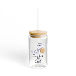 Crochet & Chill Sipper Glass, 16oz | Cute Cat Design, Perfect for Crafters, Gift for Cat Lovers, Home Decor, Reusable Drinkware Bamboo Bottle