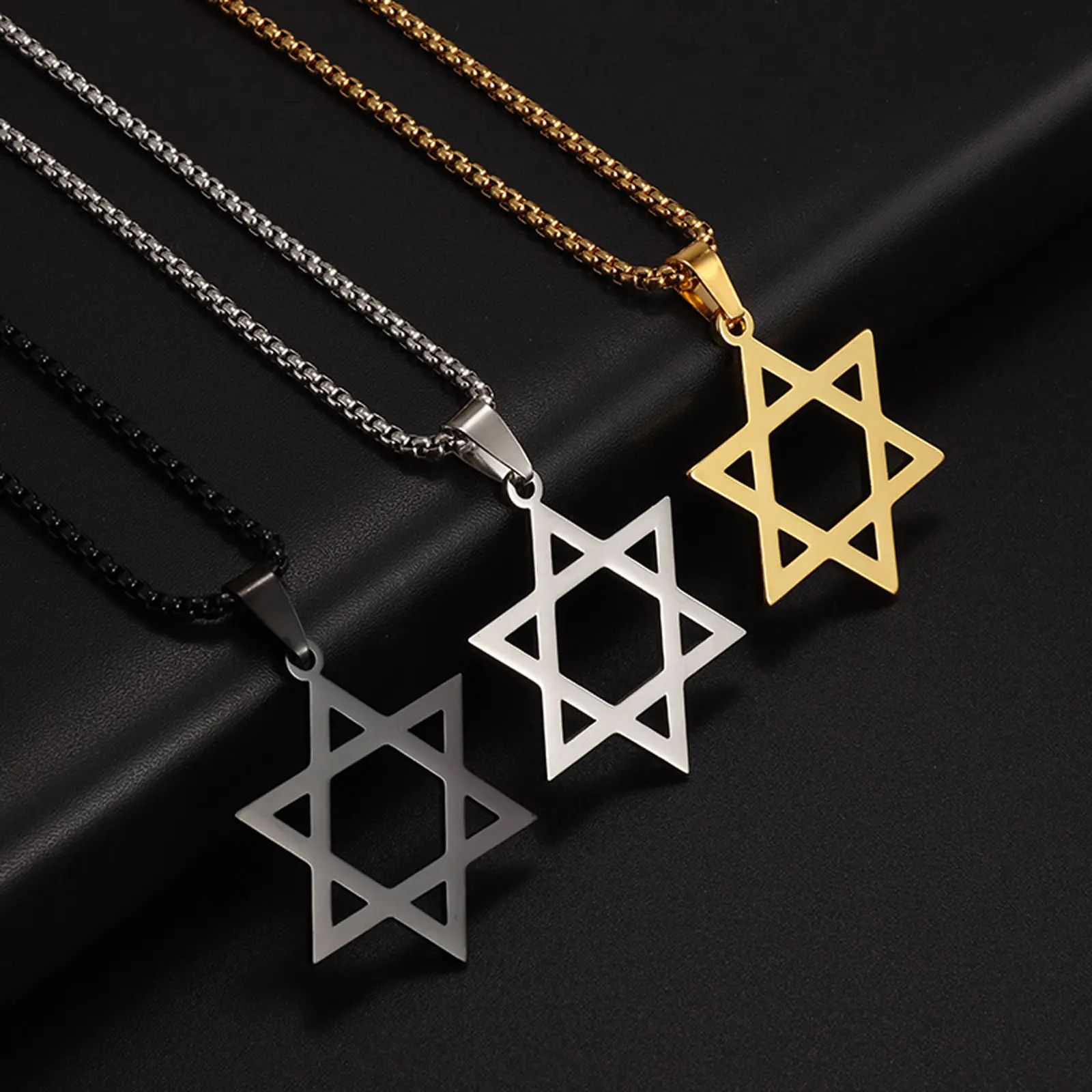Stainless steel necklace golden/silver/black glossy six-pointed star necklace men's daily wear gift Stainless steel necklace golden/silver/black glossy six-pointed star necklace men's daily wear gift