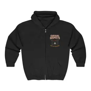 Cues and Suspects Hoodie - Unisex Heavy Blend™ Full Zip Hooded Sweatshirt, Casual Loungewear, Perfect for Events, Games, Gifts