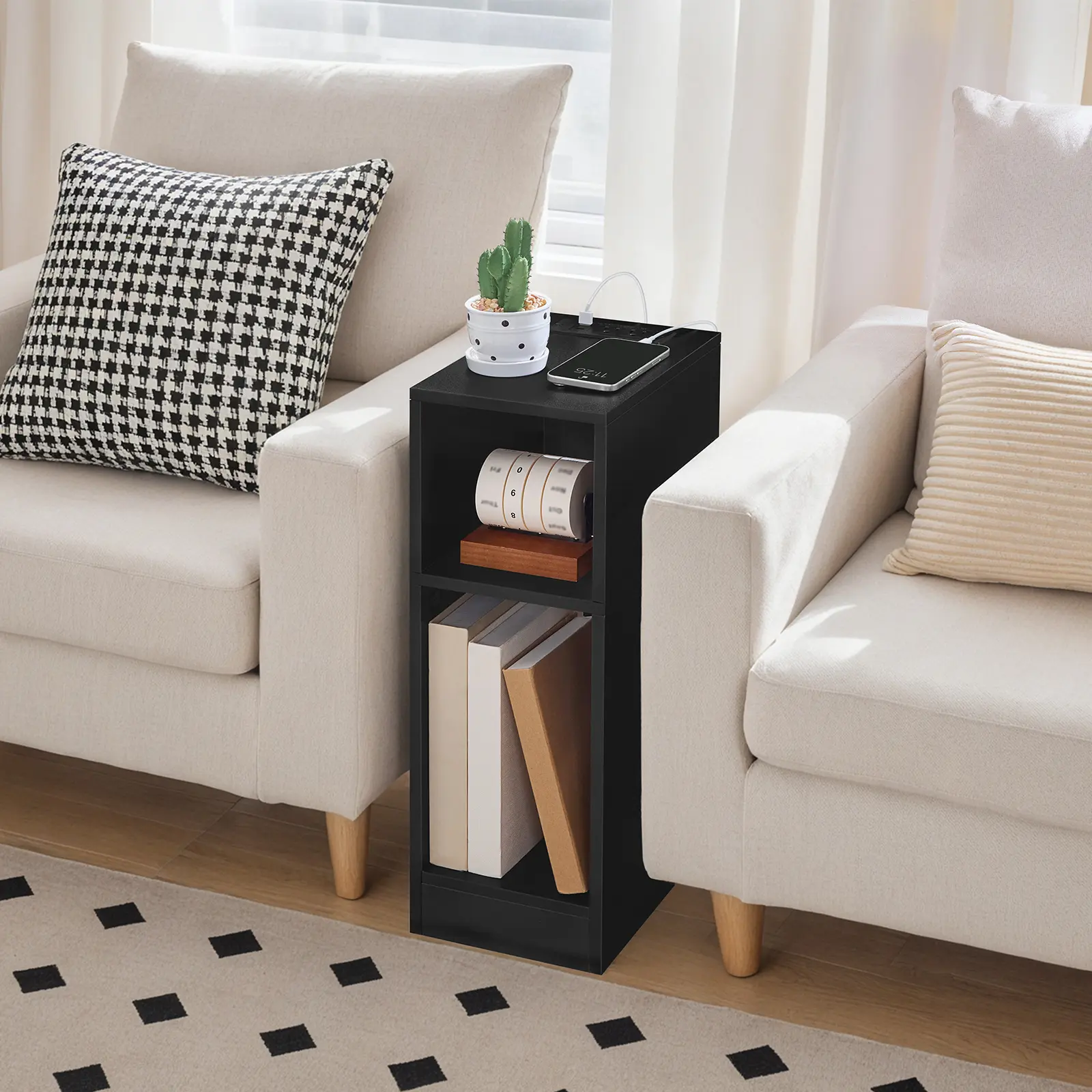 MAHANCRIS Narrow Nightstand, Narrow End Table with Charging Station, Skinny Bedside Table for Small Spaces, Mid Century Modern Night Stand for Bedroom, Living Room, Black