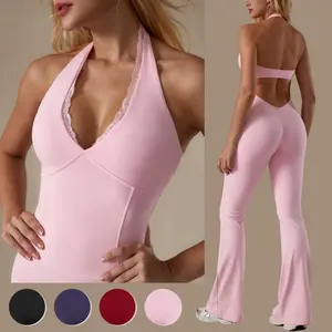 Women's Halter Neck Flare Wortout Jumpsuit , Lace Trim Backless High Waist Tummy Control  Bodycon Slim Fit Jumpsuit,  Flare-Leg One-Piece Sporty Jumpsuit,Stretchy Breathable Fabric Activewear,Sexy Back Cutout Workout Outfit for Gym Daily Wear