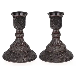 Set of 2 Vintage European Candle Holders - 3.9" Tall Metal Candlesticks with Exquisite Relief Patterns, Red/ Green Bronze/ Gold/ Silver/ Rose Gold Candelabra Table Centerpieces for Wedding Dining Home Decor