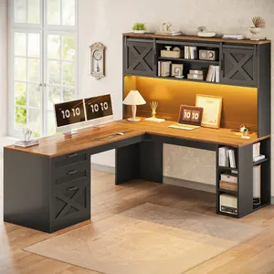 SEDETA 67" Farmhouse L Shaped Desk with Hutch, Home Office Desks with Drawers & Sliding Doors, Corner Computer Desk with Storage Shelves & Power Outlets, Executive Desk with LED Lights