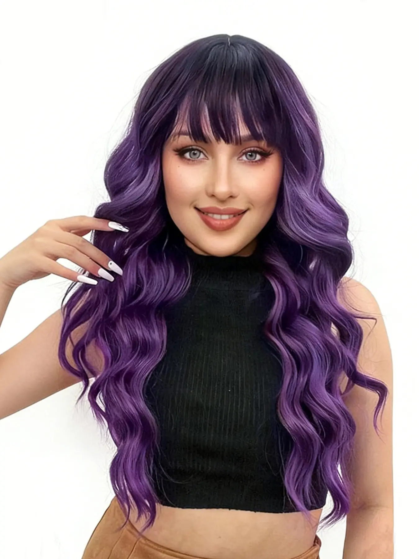 Long Ombre Light Purple Wavy Wig with Bangs for women,Dark Root Ombre Purple Wigs Natural Looking Heat Resistant Synthetic Fiber Wig For Party Cosplay Daily Halloween Synthetic Hair Wig