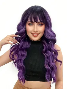 Long Ombre Light Purple Wavy Wig with Bangs for women,Dark Root Ombre Purple Wigs Natural Looking Heat Resistant Synthetic Fiber Wig For Party Cosplay Daily Halloween