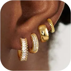CASSIECA Women's 4-Pair Small 14 Karat Gold Plated Hoop Earrings, Hypoallergenic Lightweight Chunky Huggie Earring Stacking Set for Multiple Piercings Summervibes