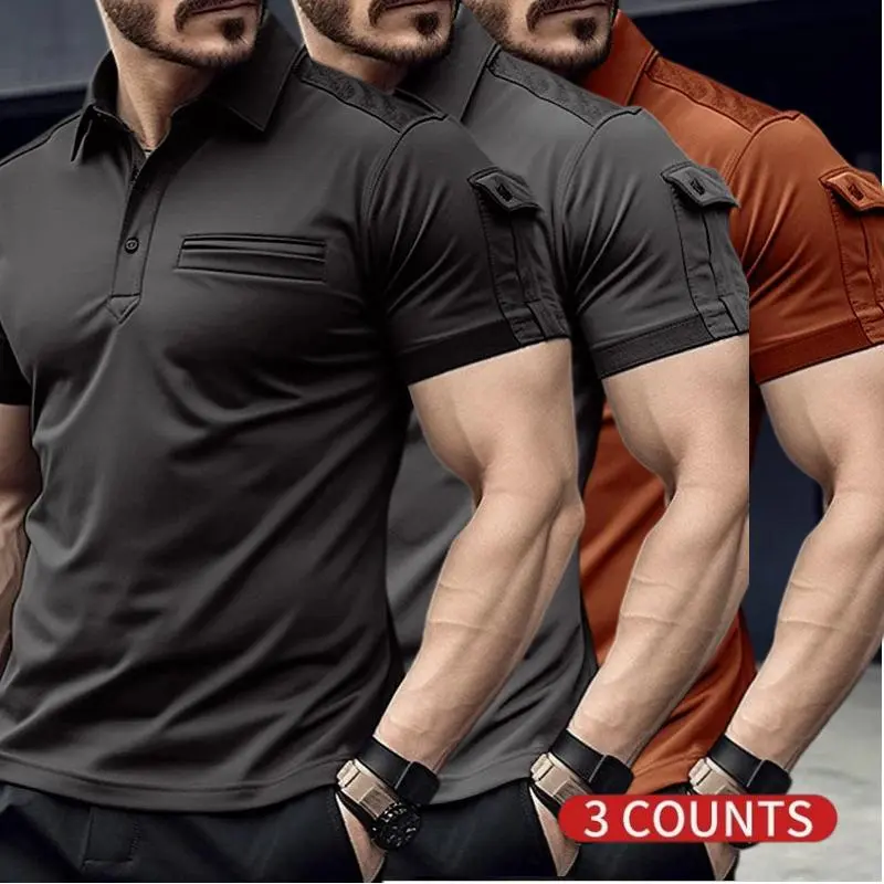 Men's 3-Pack Tactical Polo Shirts, Short Sleeve Quick-Dry Solid Color Golf Tops with Chest Zipper & Sleeve Pocket, 3 Counts, Male, 3-Piece Set 1