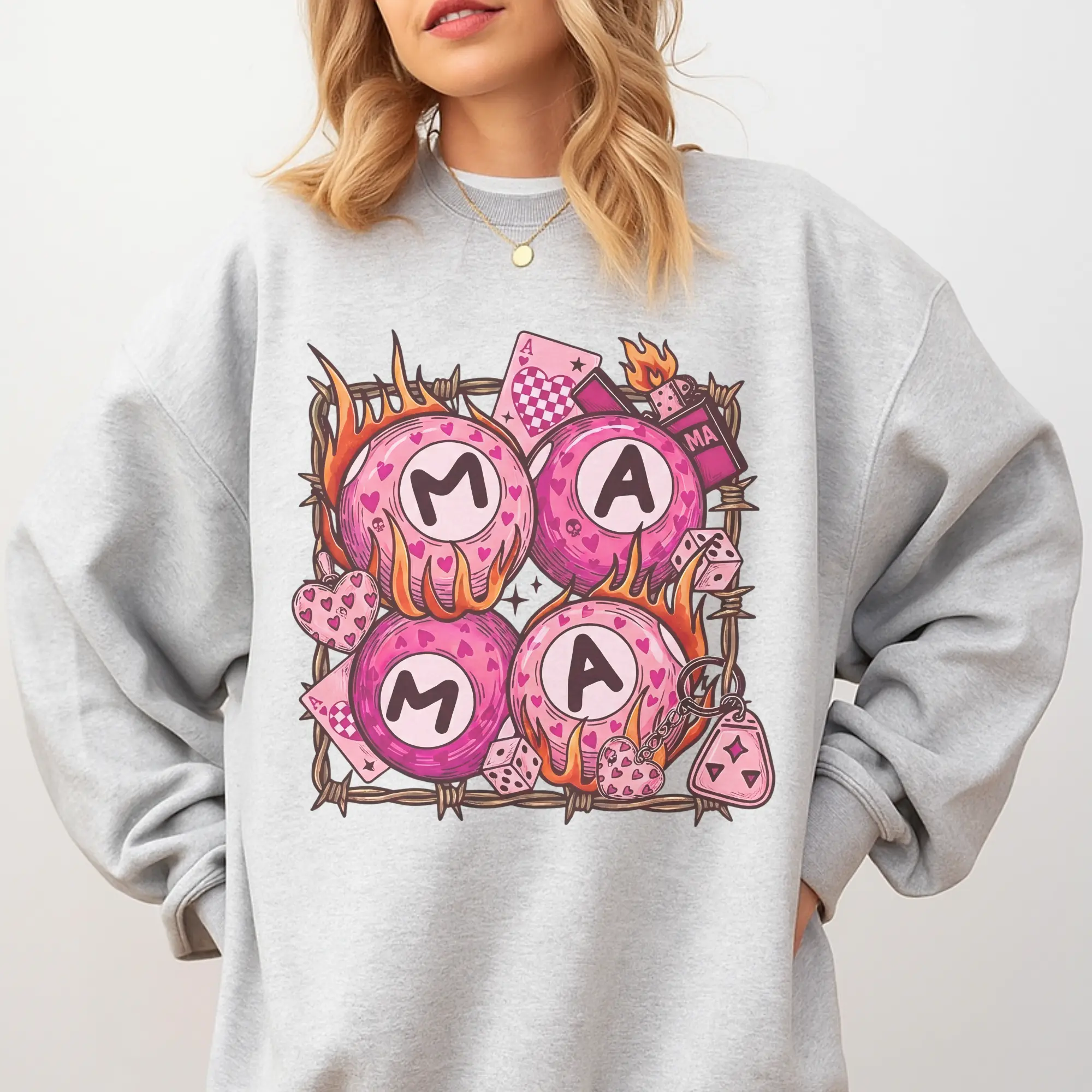 Mama - Mama Eight Ball Edgy Mama Sweatshirt - Ash Grey - Unisex Jersey Sublimation Design Vintage Style Comfortable Everyday Wear