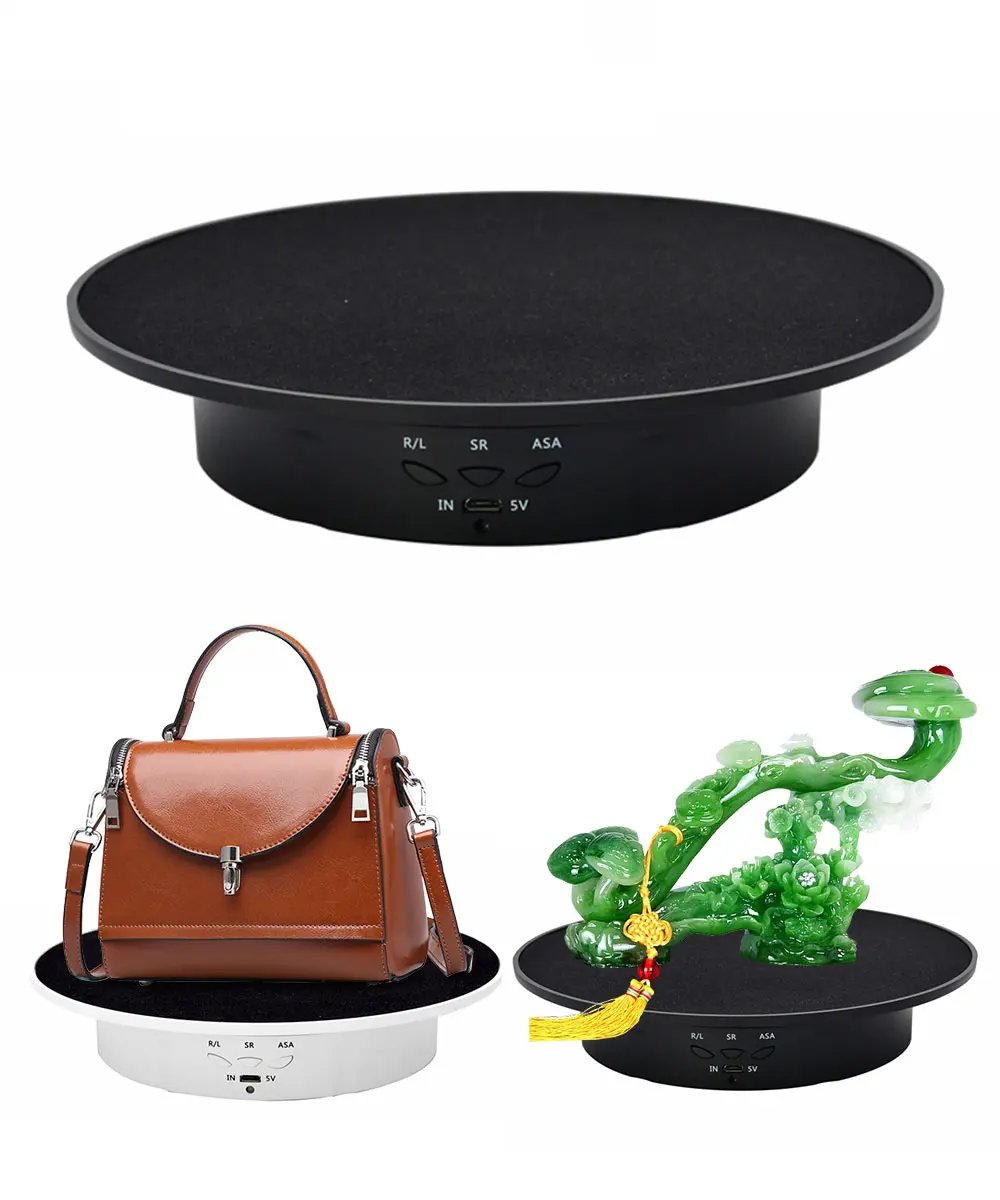 Black 360-Degree Electric Rotating Turntable with Non-Slip Feature, Low Noise, and Adjustable Smooth Rotation for Photographic Products Camera Bear Cord Picture Plug Smartphone