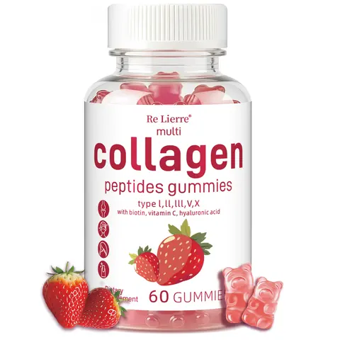 Re Lierre Sugar-Free Natural Collagen Peptides Edible Gummies for Adults - 60-Count Bottle, 1500mg Protein (Types I,II,III,V,X), 5000mcg Biotin, Methylated B12, Vitamins A,C,D,E,B8, Strawberry Flavor Healthcare Supplement for Skin Care & Bones Support