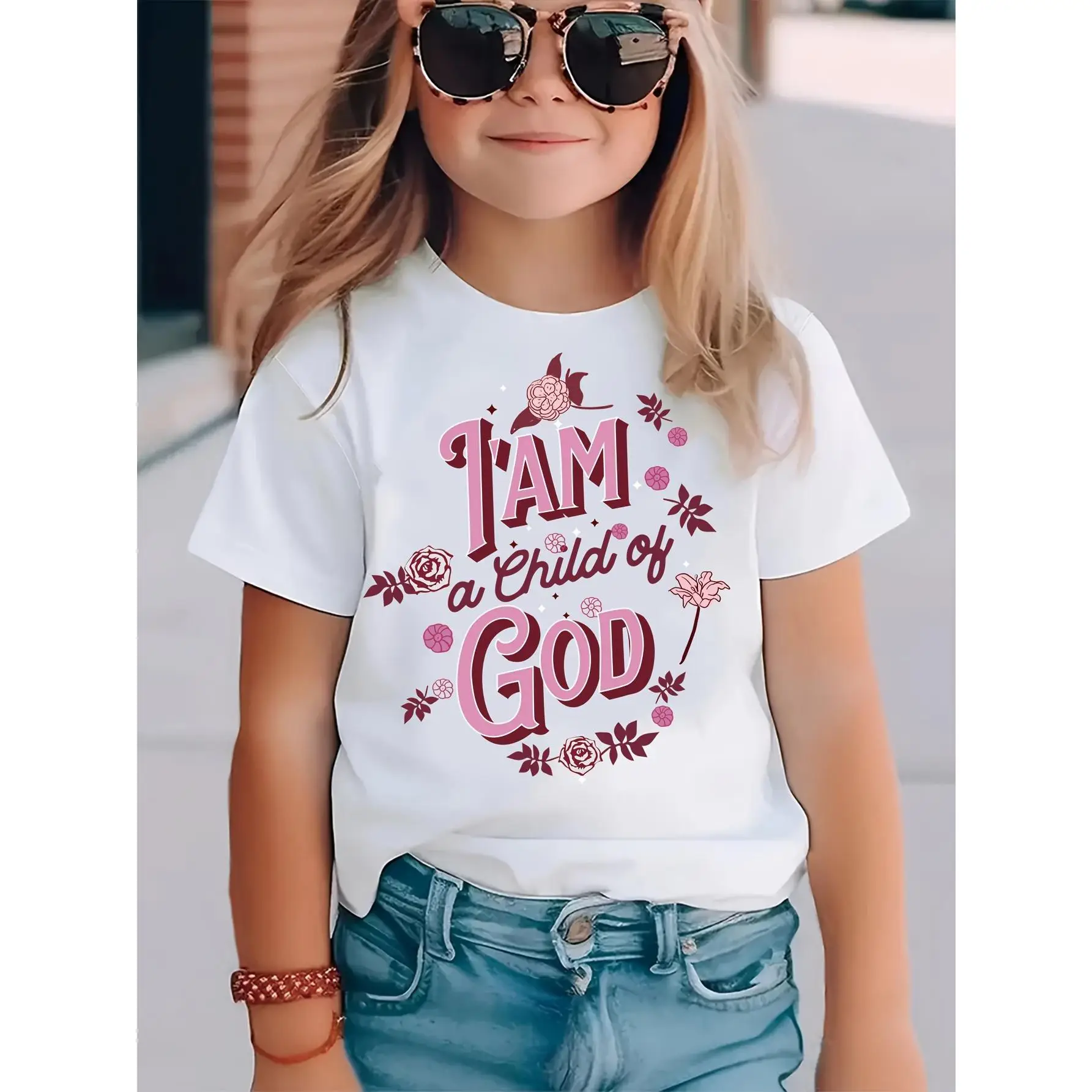"I Am a Child of God" Inspirational Girls' White T-Shirt with Pink Floral Design - 100% Cotton, Short Sleeve, Round Neck for Spring/Summer/Fall, Autum