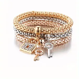 3Pcs Tri-Color Popcorn Mesh Stretch Bracelet Set for Women, Gold Silver Rose Gold Alloy Stackable Wrist Jewelry with Key & Lock Charm for Daily Dating Birthday Holiday Gift For Her