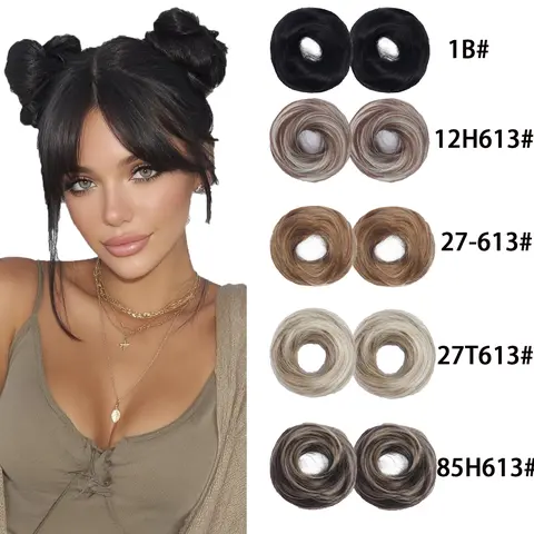 Women's 2PCS Soft Synthetic Straight Hair Puffs - Elastic Tie Mini Buns Hairpieces for Thin Hair & Children, Faux Voluminous Extensions, 2-Minute Bun Mornings Simple, Easy Comfortable for Party Daily Updos