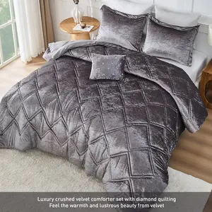 Crushed Velvet Comforter Set  Diamond Quilted Luxury Bedding | Soft Plush, Hypoallergenic Fill 4PCS | Glam Bedroom Upgrade
