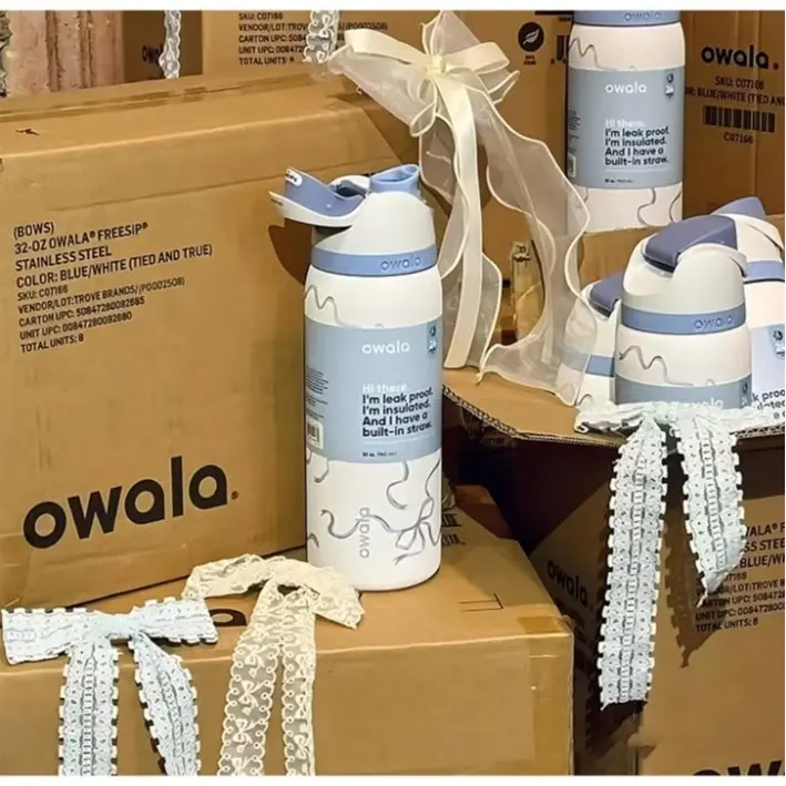 Owala 32oz Limited Edition Water Bottle CuteBlue Bow Design Insulated Stainless Steel 24H Cold Leak-Proof with Straw Portable Mug Tumbler Drinkware Stylish Flasks