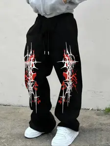 Men's Casual Sporty Long Pants, Casual Sporty Trousers, Blood Stained Thorn Pattern Print, Drawstring Wide Leg, Loose-Fitting, All Seasons Wear