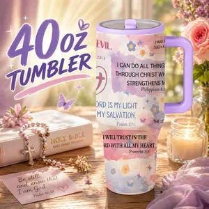 1 Pc 40oz bible verse design insulated mug, Tumbler, double wall vacuum cup, leak-proof lid, large capacity thermal mug for hot cold drinks, keeps hot 12h cold 24h, sturdy handle travel mug, gift for women men, perfect for Christmas, Mother’s