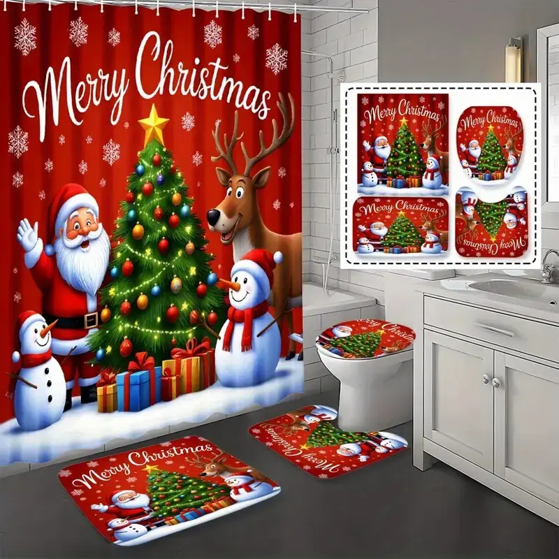 1/4pcs Merry Christmas design Santa Claus and cute elk shower curtain set, festive design, non-slip floor mat, U-shaped carpet, toilet lid cover, perfect for bathroom decoration, partition, beautify space, Bathroom Decoration Accessories