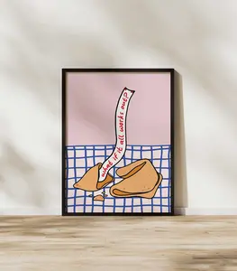 [Sale Up To 50%] What If It All Works Out Fortune Cookie Print, Retro Pink Blue Red Poster, Motivational Inspo Quote Wall Pop Art, Hand Drawn Dorm Wall Decor (No Frame)