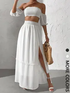 Women's Solid Off Shoulder Fitted Crop Top & Split Hem Skirt Two-Piece Set, Casual Fashion Cozy Two Piece Outfits for Daily Outdoor Wear, Ladies Clothes for All Seasons
