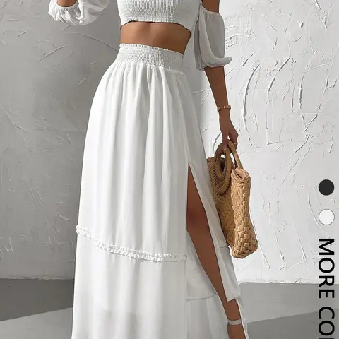 Women's Solid Off Shoulder Short Crop Top & Split Hem Skirt Two-Piece Set, Skirt Sets, Fitted Casual Fashion Cozy Two Piece Outfits for Daily Outdoor Wear, Ladies Clothes for All Seasons, Casual Summer Set, Womenswear