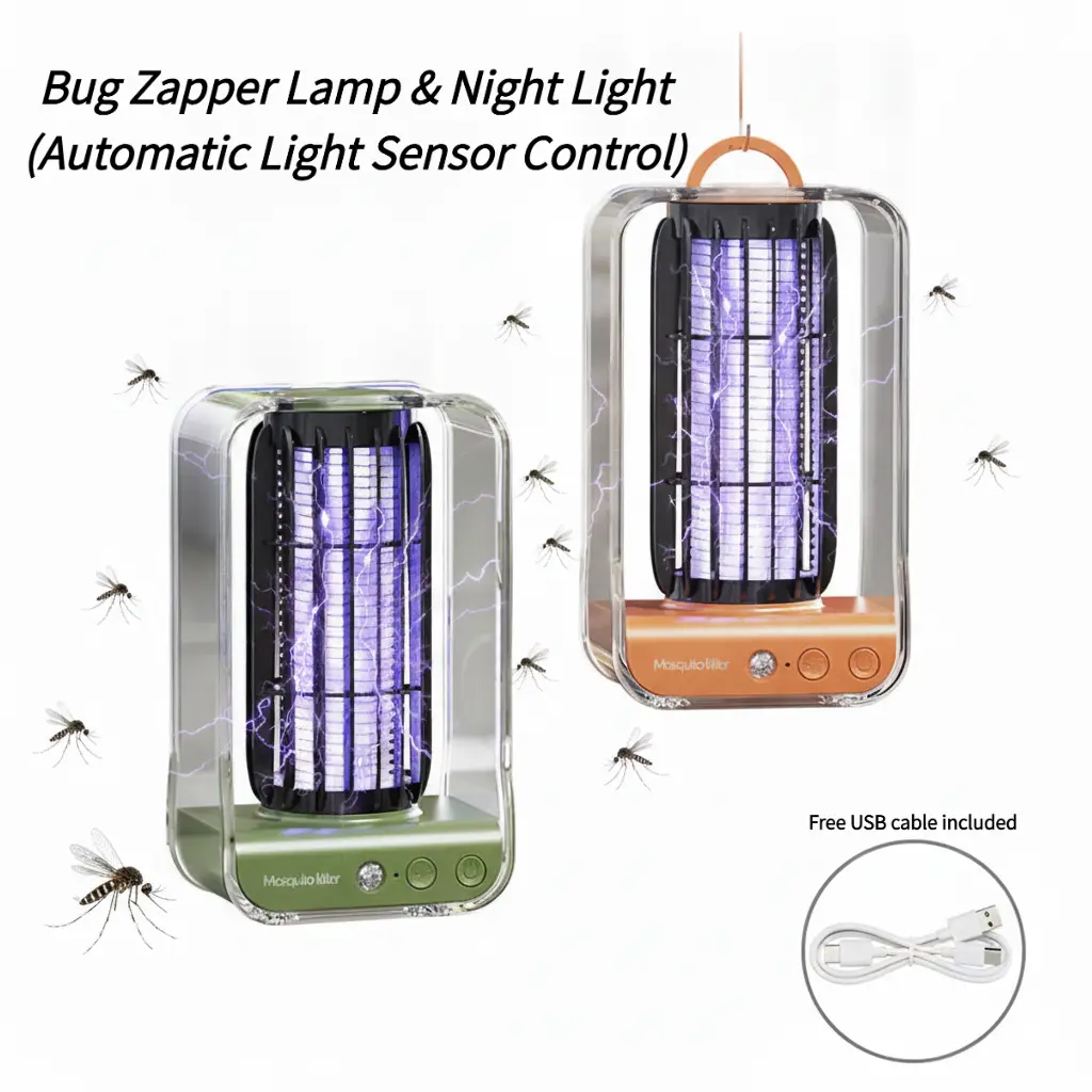USB-C  Bug Zapper Lamp Indoor Outdoor, Electric Fly Killer with Night Light,  Smart Light Sensor Mosquito Trap, Auto On Off Dusk to Dawn, Portable Wall Mount Desk for Bedroom Apartment RV Camping Tent