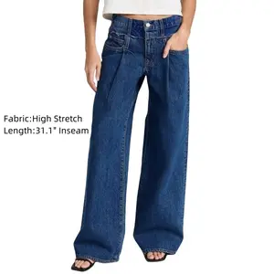 Pleated Detail Layered Waist Mid Rise Wide Leg Jeans Fit Denim Pants Blue