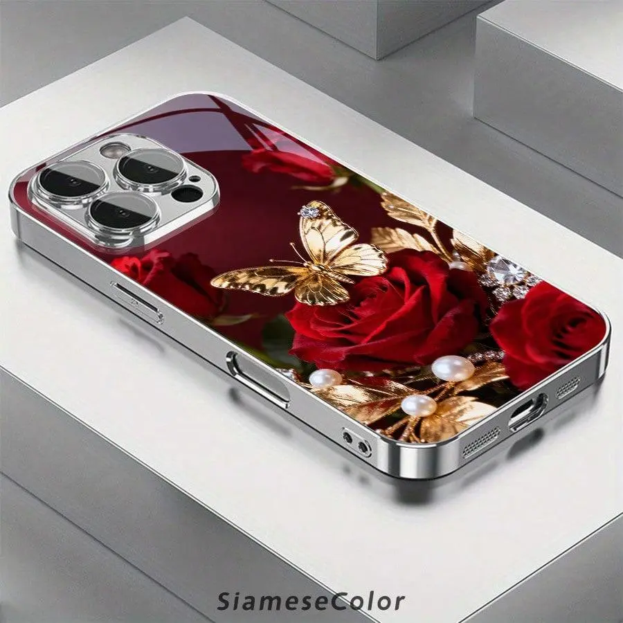 Rose Gold Butterfly 2D Pattern glass phone case for iPhone Air 17 16 Pro Max 15 14 PLUS 13 12 11 Samsung Galaxy S25 s24 s23 s22 Ultra FE ,Full Body Protections Shockproof Cover Creativity Fashion 11-16 furry luxury design Black 2025 creative unique