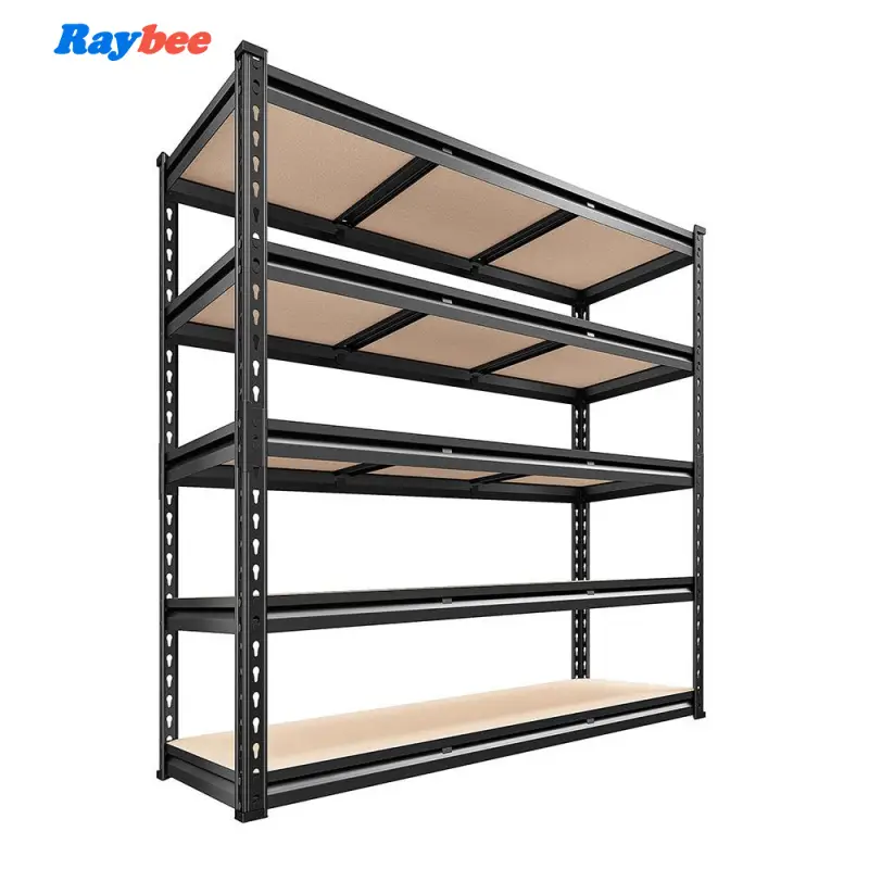 Raybee Shelf Standing Utility Shelves for Home Garage Kitchen Office Metal Frame Adjustable Storage Rack Rolled Edge Column Shelf with MDF Board Panel