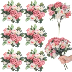 6 Pcs Artificial Peony Silk Florals Fake Mix Silk Peony Rose Faux Flower Hydrangea Bouquet Elegant Realistic Wedding Floral Centerpiece for Home Table Arrangement (Light Pink)