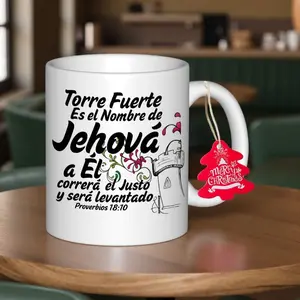 1pc Spanish Bible Verse Coffee Mug, Ceramic Classic Drinkware, Spanish Scripture Cup with Spanish Text, Proverbs 18:10 Bible Verse, Hand Wash Only, Christmas, Thanksgiving, Grandma Gift For Spanish Speakers, Reusable Ceramic Cup