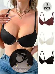 3-Piece Front-Closure Buckle Push-Up Bra Set, Plush Fabric, Lace, Adjustable Straps, Perfect for Everyday Wear & Dates, Available in 3 Elegant Colors