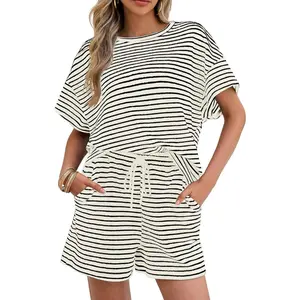FMEYOA Womens Pajamas 2 Piece Lounge Sets Striped Short Sleeve T Shirts Drawstring Shorts Matching Set