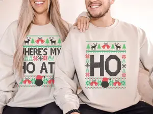 Funny Couples Christmas Sweatshirt, Where’s My Ho At & Ho Ugly Christmas Sweaters , Xmas Matching Shirt, Christmas Couple Gift