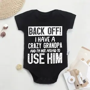 Cute Cotton Baby Bodysuit with "Back Off! I Have a Crazy Grandpa" Print, Round Neck, Button Detail, Regular Fit, All Seasons Knitted Fabric Onesie