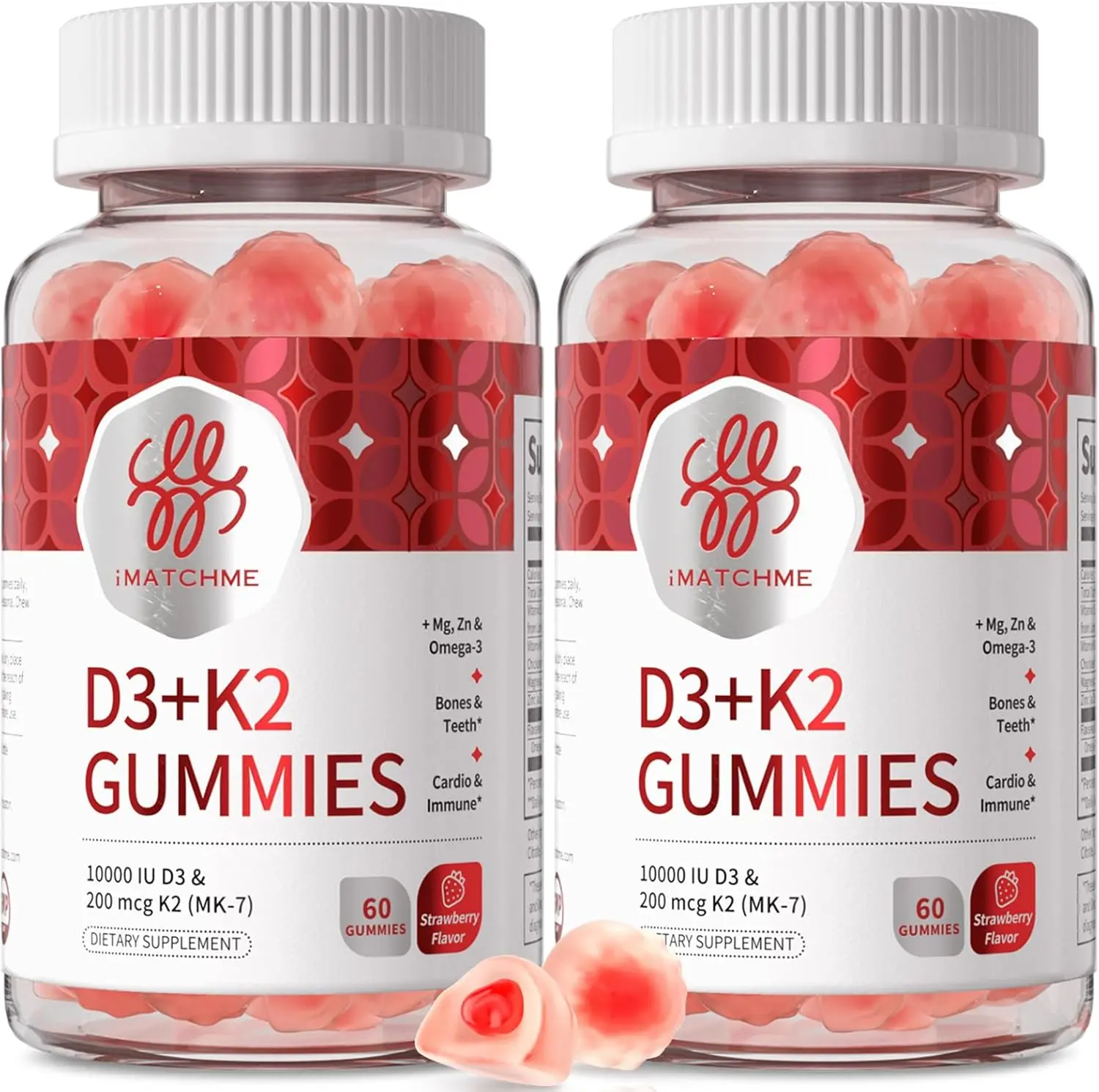 iMATCHME Sugar-Free Vegan Vitamin D3 K2 Gummies, 10000 IU D3 + 200 mcg K2 MK-7 Complex with Omega-3, Magnesium & Zinc, Daily Mineral Vitamin Chews, 60 Count, Pack of 2