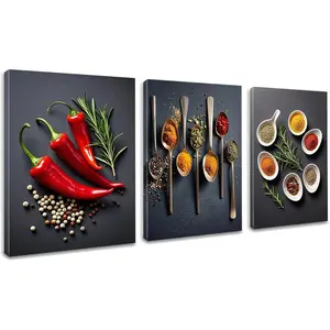 3Pcs Kitchen Canvas Wall Art Dining Room Wall Decor Colorful Spices Seasoning Spoon Kitchen Pictures Prints Posters Artwork Paintings Kitchen Wall Decor Restaurant Home Decorations 12x16 Inch Inner Wooden Framed