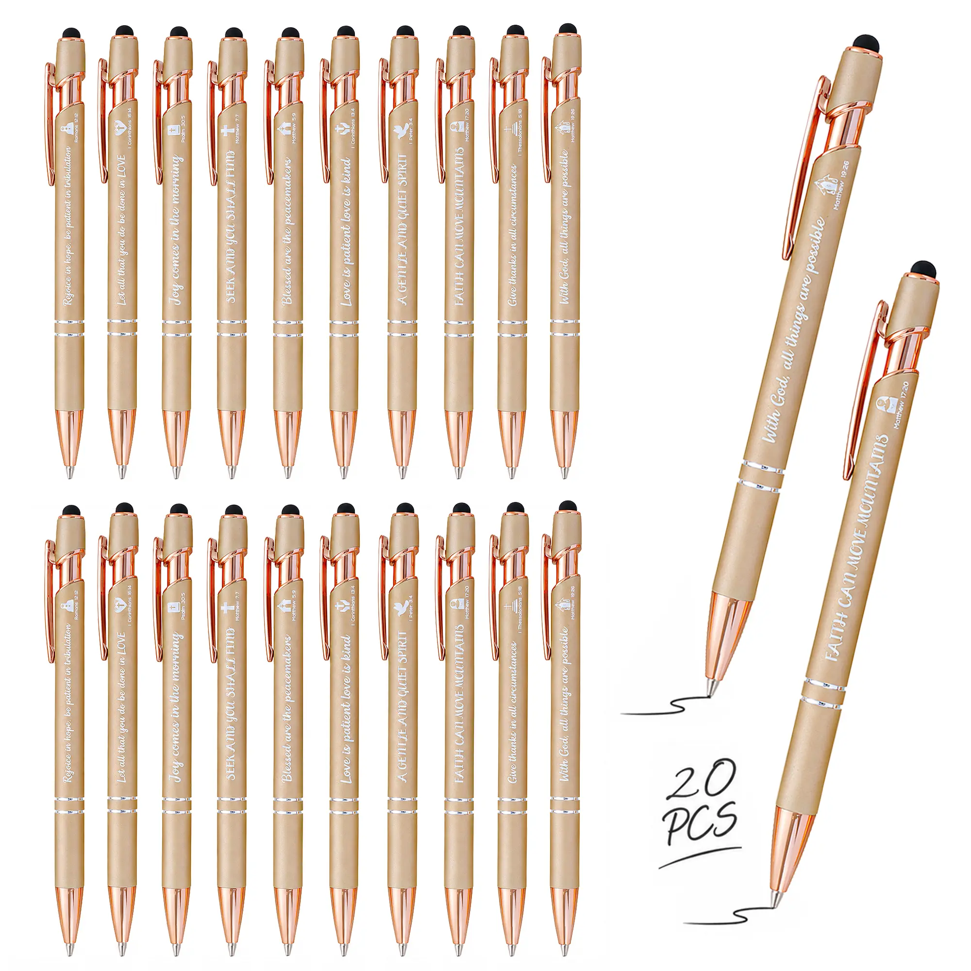 20 Pcs Bible Verse Pens Set, 2 in 1 Stylus Ballpoint Pen, Gold Metal Inspirational Christian Gifts for Women Faith,Cute Pen for Nurses, School and Office