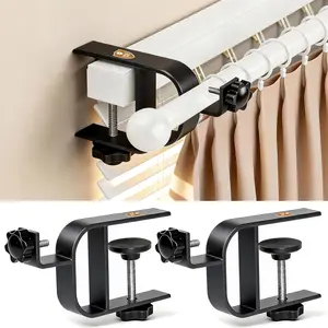 Over Blinds Rod Brackets for Inside & Outside Mounted, No Rod Brackets Fits 0.75-2" Headrail, Tool-Free & No Wall Damage / Apartment & Rental Friendly, Black, 2 Pack