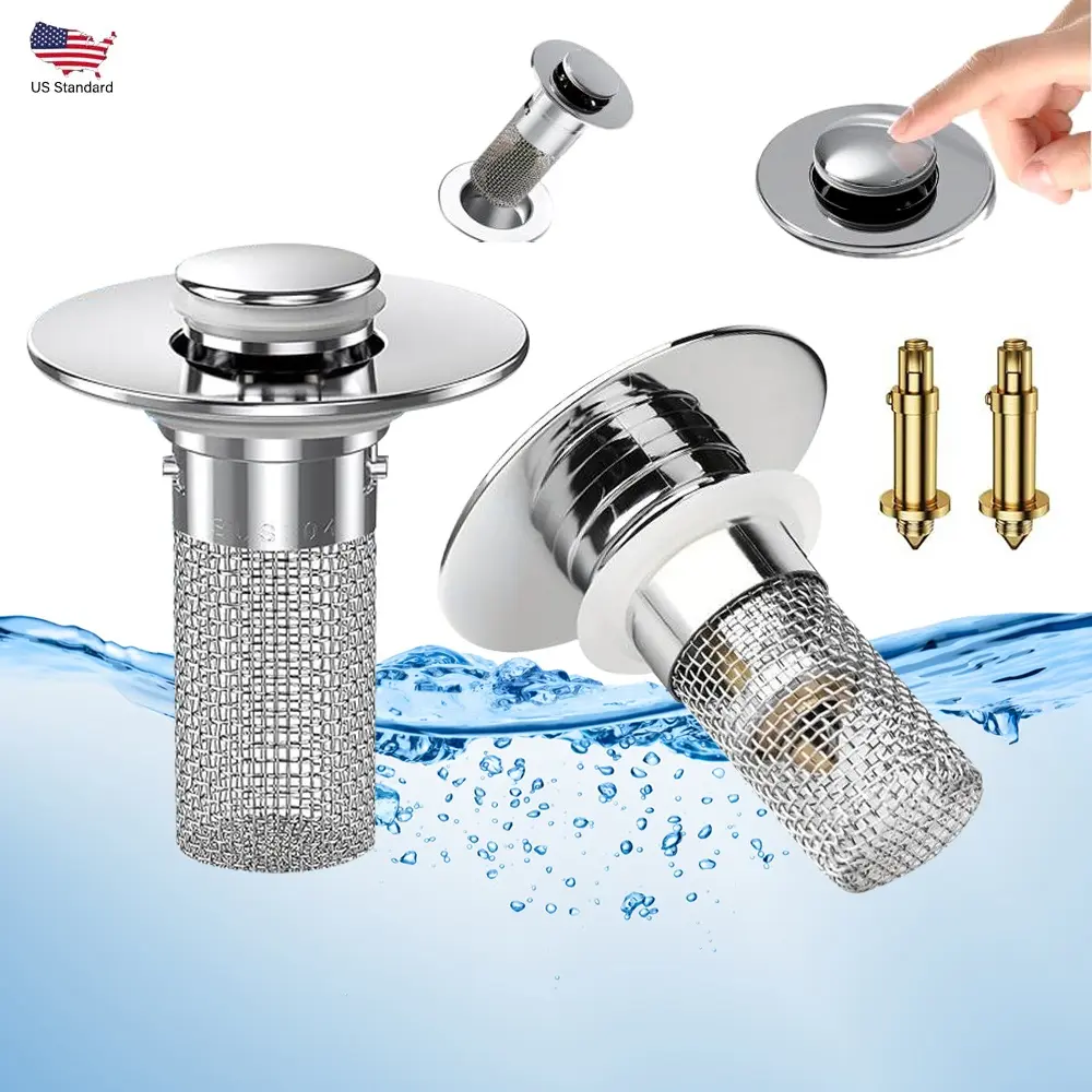 Universal Pop Up Bathroom Sink Stopper, Anti-Clog Anti-Odor Wash Basin Drain Plug, 304 Stainless Steel Removable Hair Catcher Filter Basket, Fit 34-40mm Vanity Sink Hole, 1/2/4 Pack Available