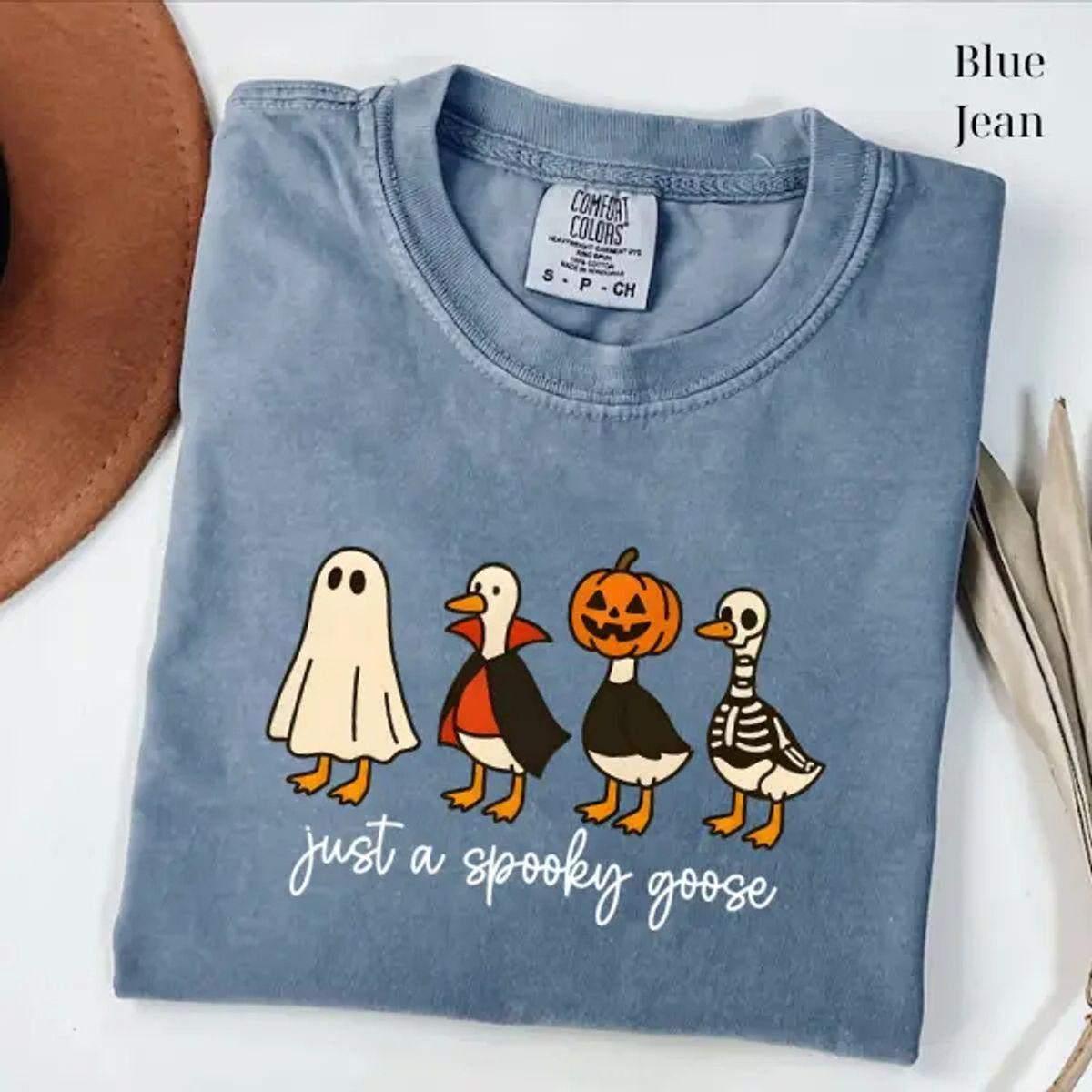 Comfort Colors Unisex T-Shirts – Just A Spooky Goose Funny Halloween Graphic Tee, Cute Silly Goose Graphic Shirt, Horror Animal Top